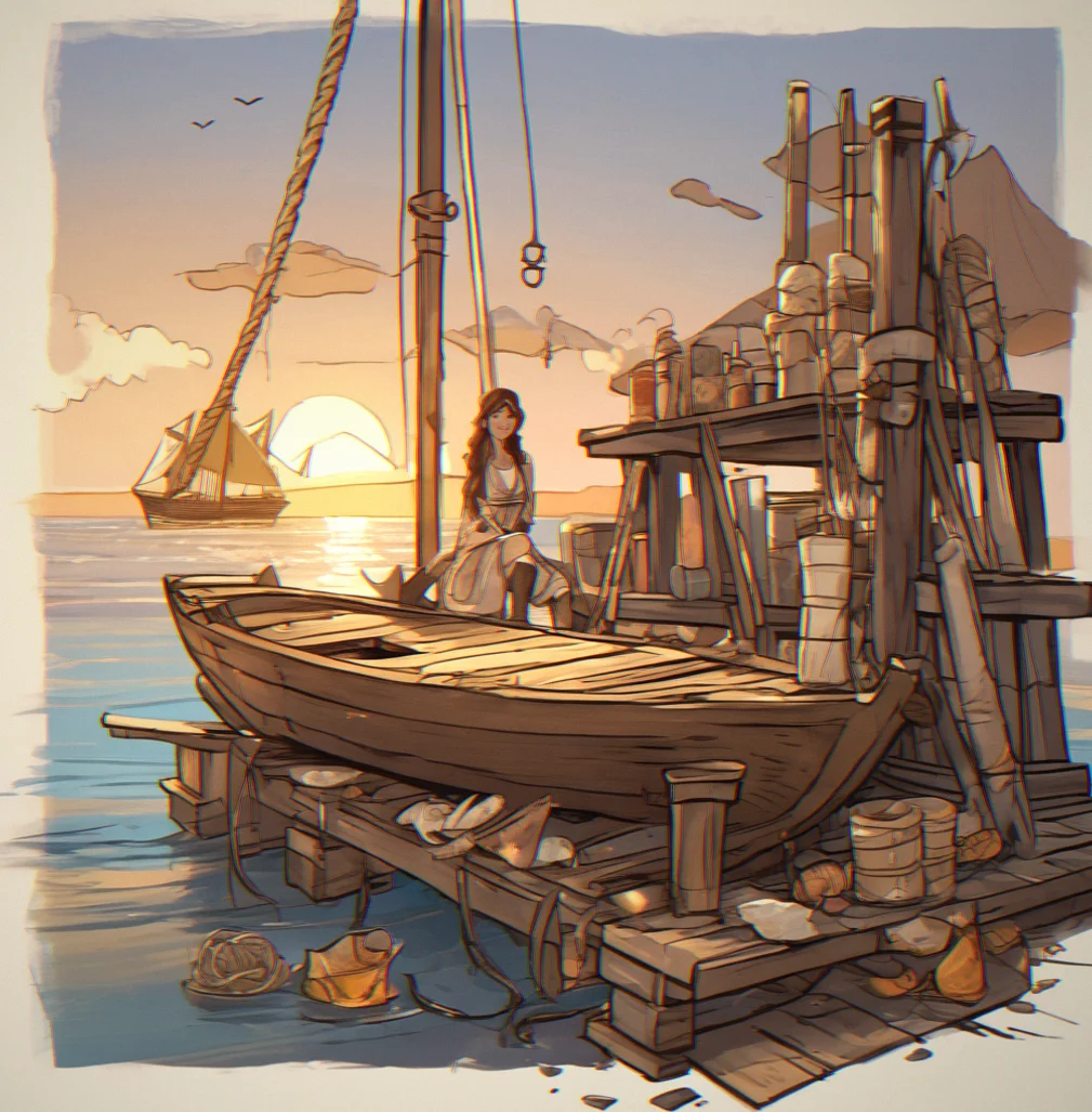 Wooden boat docked at island pier with visible hull reinforcements and a newly-installed canvas sail