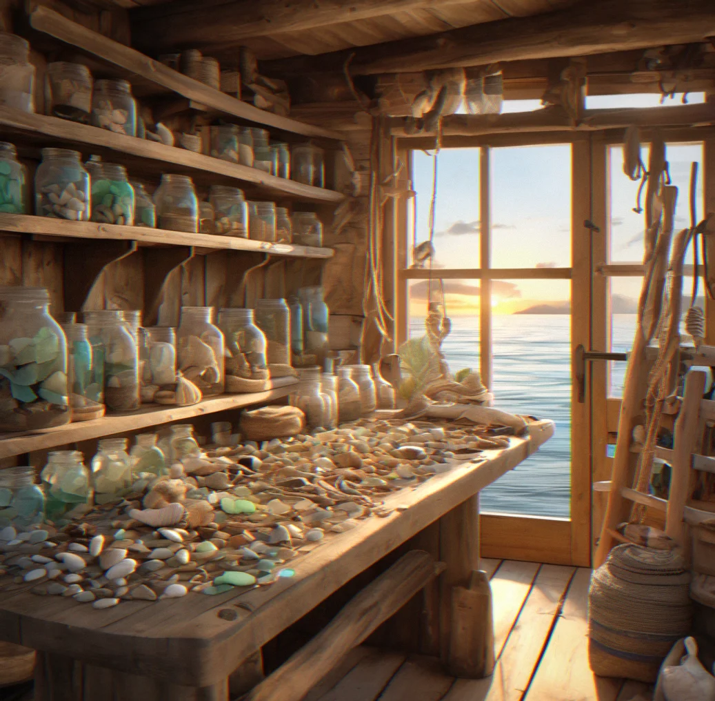 Workshop interior with organized shelves of driftwood, glass jars of sea glass, coiled rope, and multiple wooden workbenches