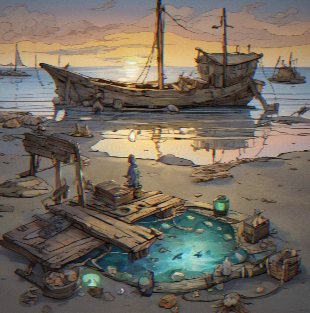 Tide pool at dusk reflecting moonlight, with shipwreck timbers partially visible in shallow water and bioluminescent creatures glowing faintly