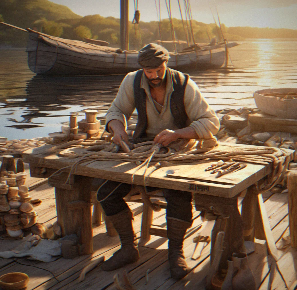 Old wooden dock catching morning light, boat tied up alongside with timber bracing showing and a new canvas sail rolled up tight