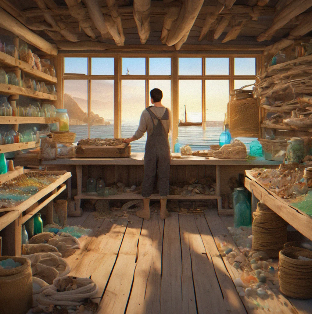 Inside the workshop. Four wooden workbenches lined up, shelves loaded with sorted driftwood bundles and glass jars of sea glass arranged by color