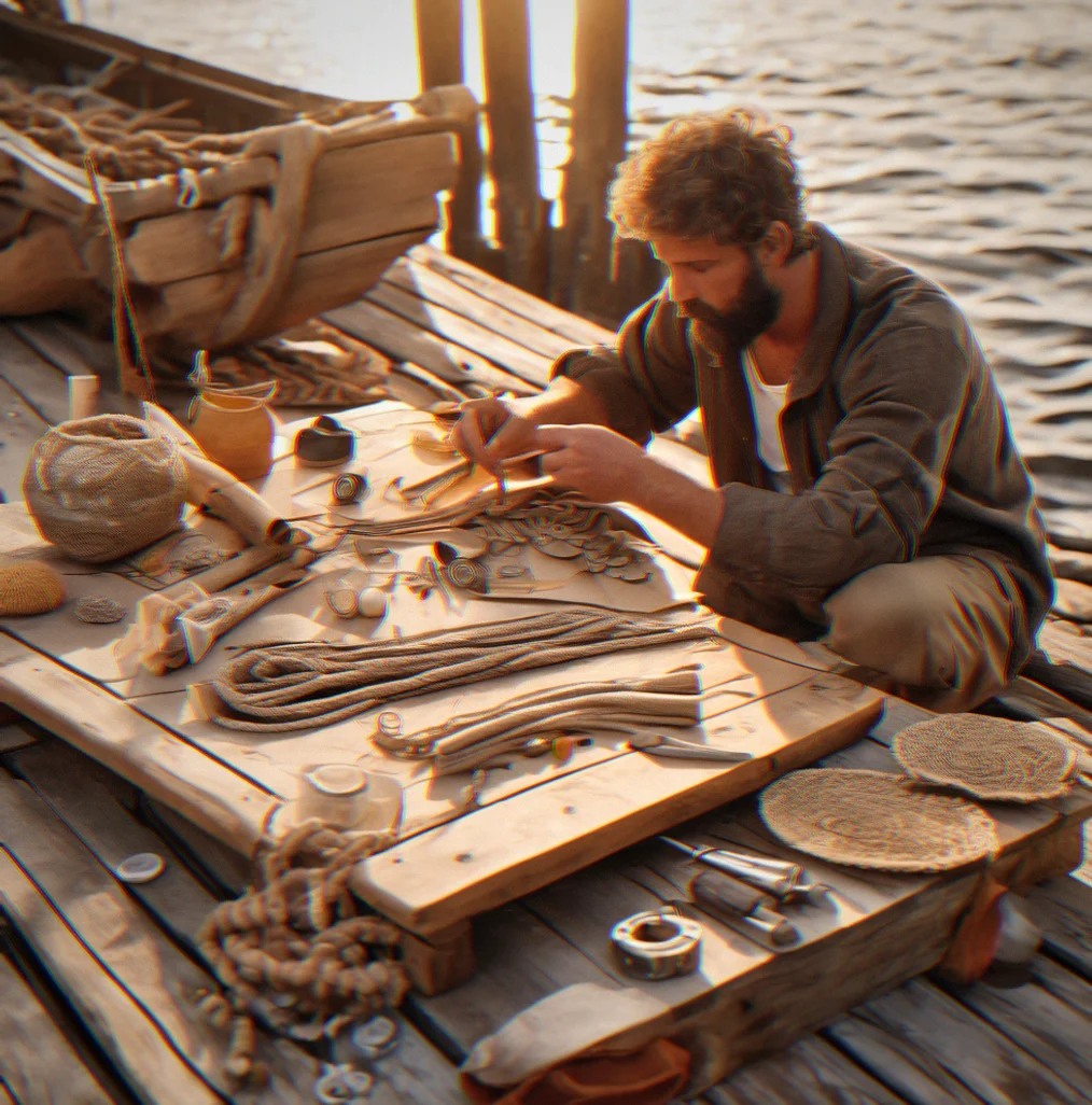 Hands at the bench putting together a sail kit from canvas, rope and wood dowels, tools scattered around