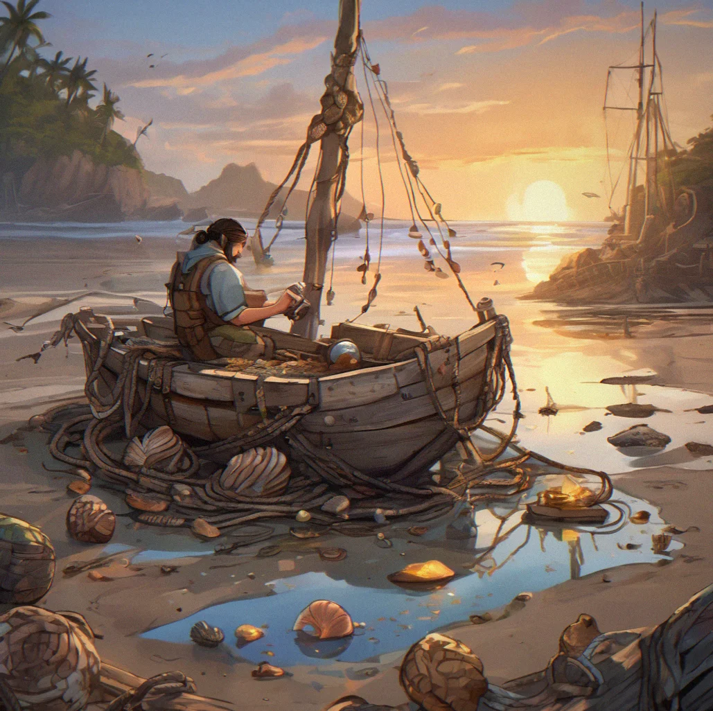 Low tide in the tide pool, small creatures giving off a faint glow, shipwreck wood visible just under the surface, rope tangled around stone markers