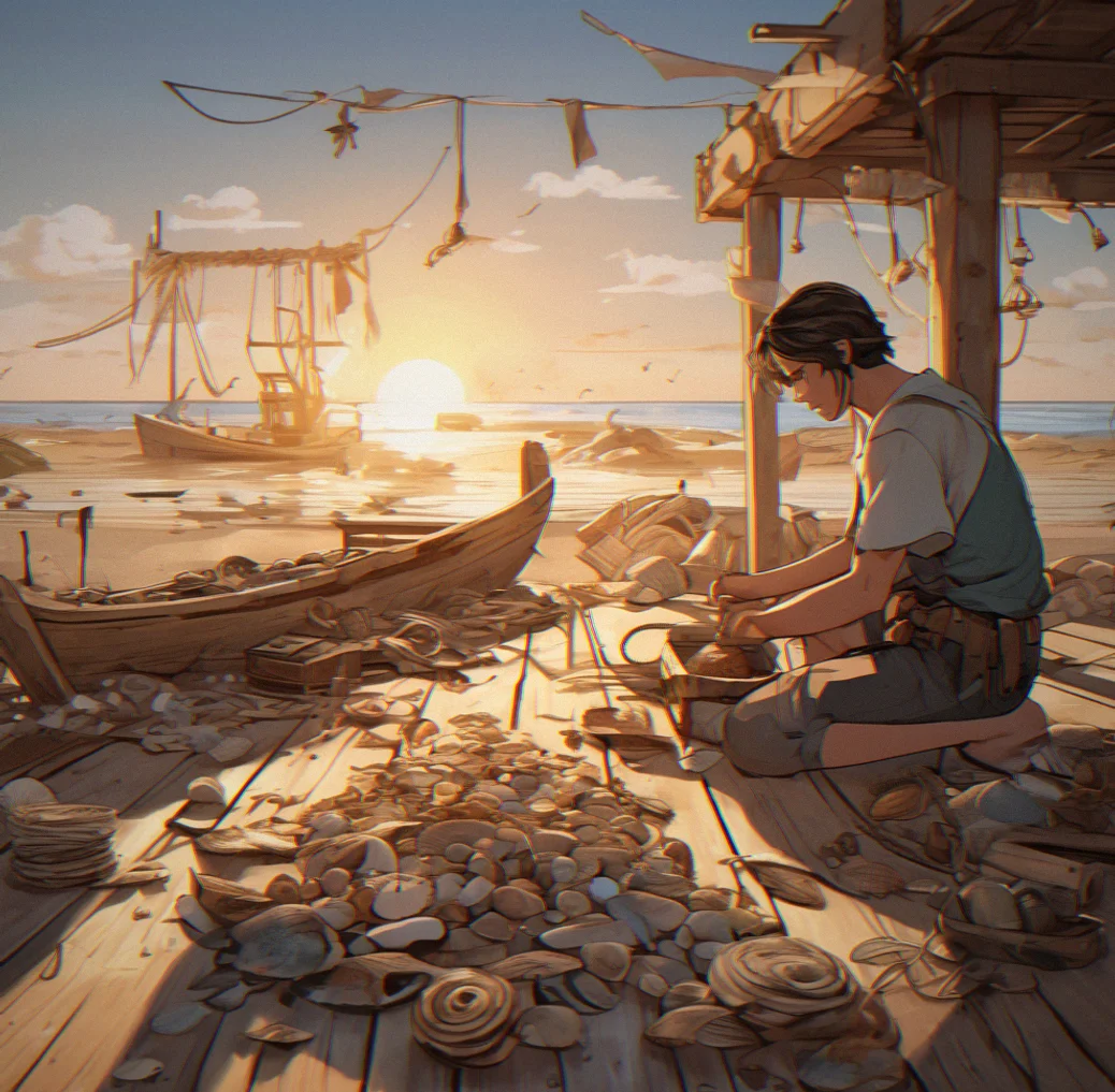 Beach covered in bleached driftwood, sun throwing long shadows between the scattered pieces