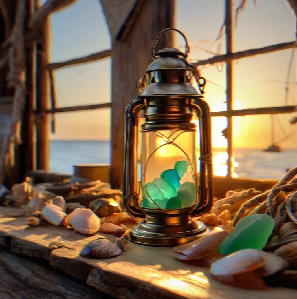 Finished lantern on the workshop shelf, sea glass set into a brass frame with whale oil burning inside, warm light coming through