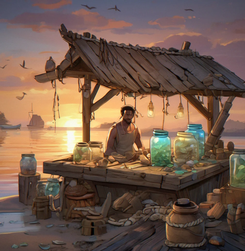 An old island dock at dusk with stacks of driftwood, glass jars full of sea glass sitting on a shelf, and a small wooden boat tied up nearby