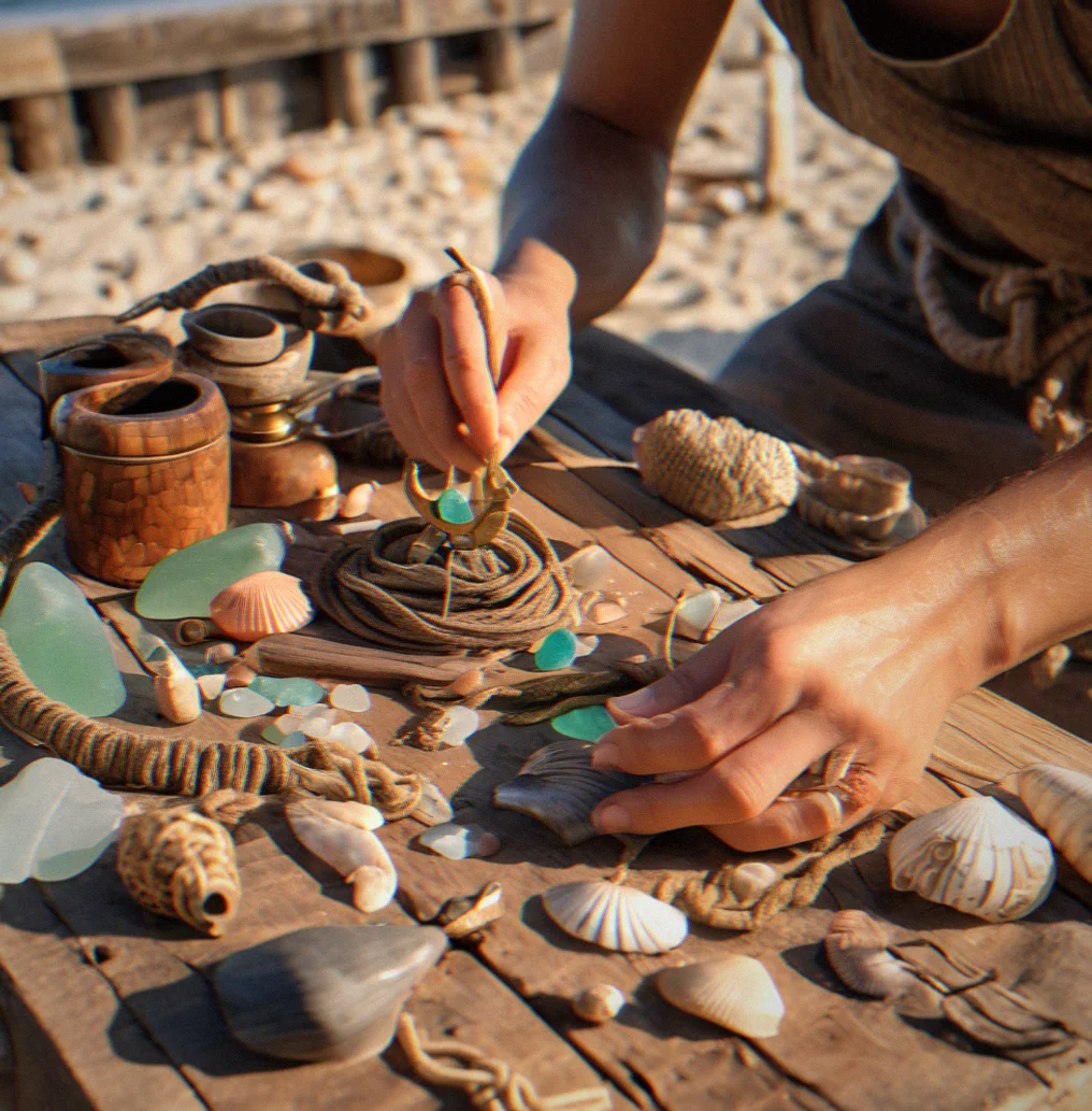 Hands working at a wooden workbench, arranging rope, sea glass and brass fittings to craft a coral-inlaid lantern