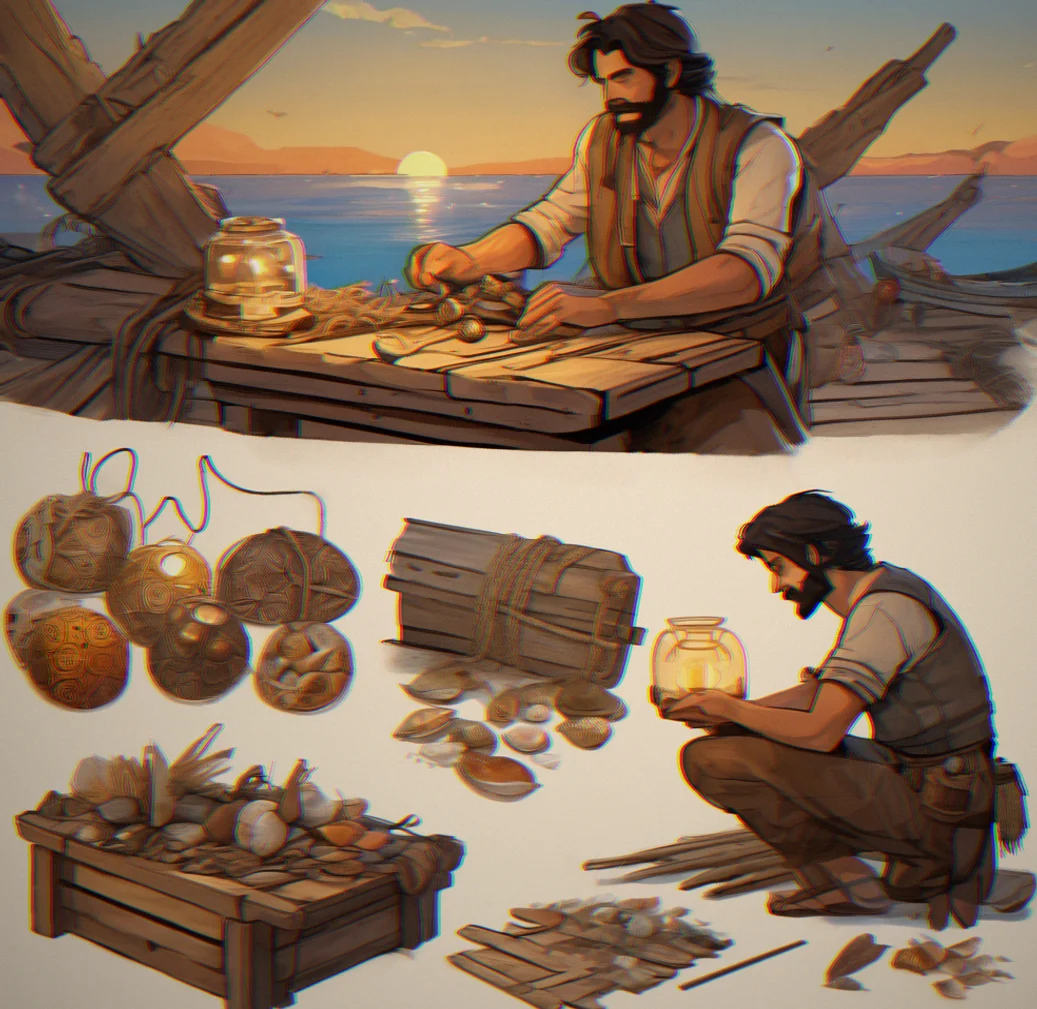 Workshop interior with organized wooren shelves holding bundles of driftwood, glass jars of sorted sea glass, and coiled rope in neat stacks