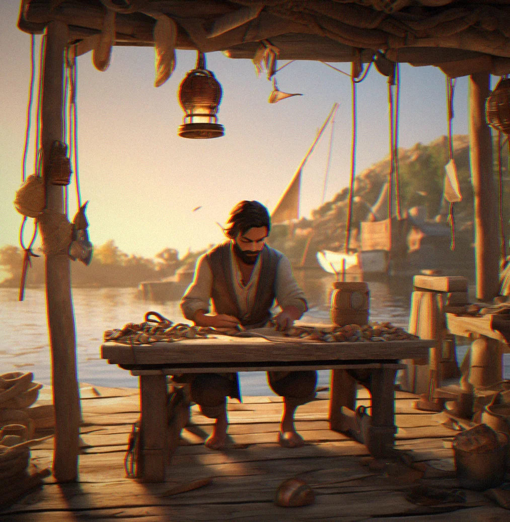 Island dock at dusk with a wooden boat moored alongside, hull reinforced and newly-installed canvas sail catching golden light